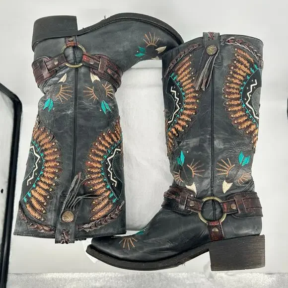 Women's Black Corral Eagle Overlay w/ Embroidery & Harness Biker Boots 10M A3616 - Picture 4 of 9